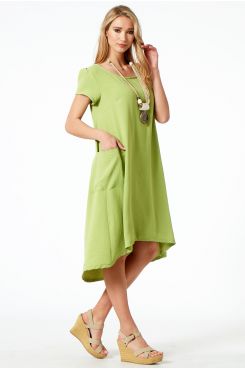 GREEN DRESS WITH SIDE POCKETS AND LONGER ON THE BACKSIDE  | DRESSES