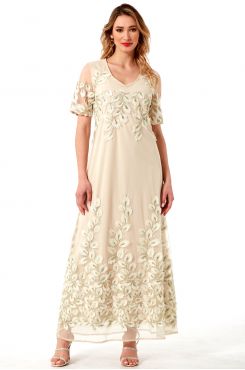 BEIGE MAXI DRESS WITH EMBROIDERED TULLE  | FORMAL UP TO -50%