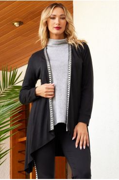 BLACK KNIT ASYMMETRICAL SWEATER WITH PERIMETRICAL WHITE DETAILS  | JACKETS/OUTERWEAR