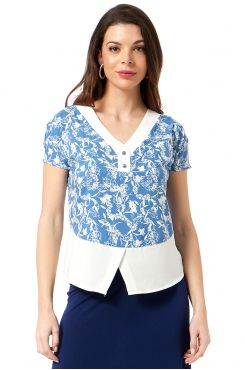 BLUE INDEGO FLORAL BLOUSE WITH WHITE DETAILS  | BLOUSES