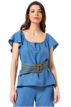BLUE BLOUSE LINEN-LOOK WITH SINGLE FRONT TIE ON NECKLINE  | BLOUSES