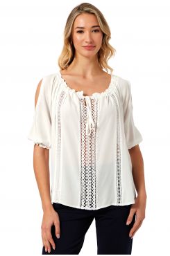 OFF WHITE BLOUSE WITH SHOULDER OPENINGS AND LACE DETAILS  | BLOUSES