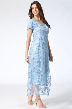 LIGHT BLUE MAXI DRESS WITH SEQUIN LACE AND SLIT ON THE SIDE  | DRESSES