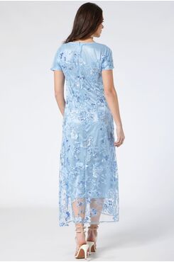 LIGHT BLUE MAXI DRESS WITH SEQUIN LACE AND SLIT ON THE SIDE  | DRESSES