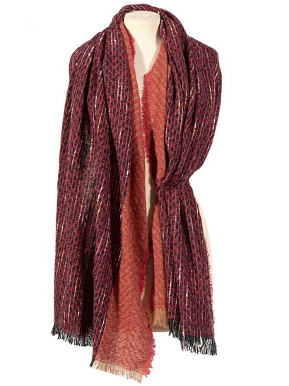 BURGUNDY SCARF WITH BLACK AND WHITE THREAD DETAILS, AND AN ORANGE STRIP  | SCARVES