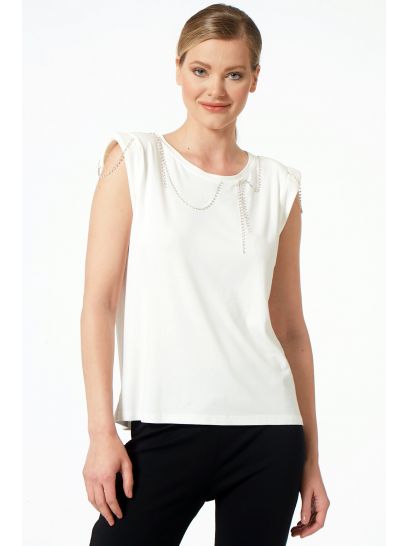 WHITE SLEEVELESS BLOUSE WITH SHOULDER PADS AND RHINESTONES  | BLOUSES