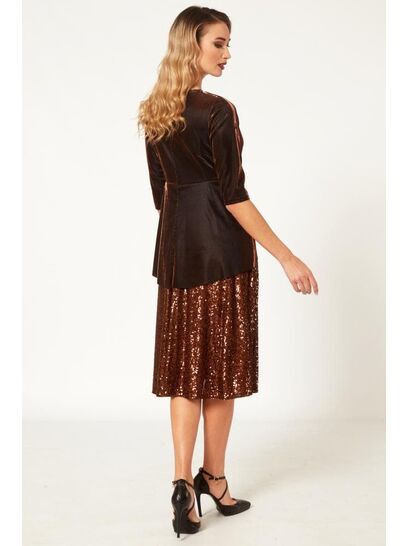 BRONZE DRESS WITH SEQUIN SKIRT AND FRONT DECORATIVE KNOT  | DRESSES