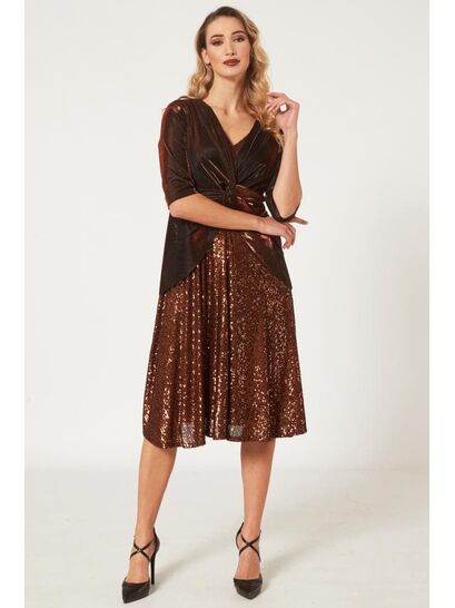 BRONZE DRESS WITH SEQUIN SKIRT AND FRONT DECORATIVE KNOT  | DRESSES