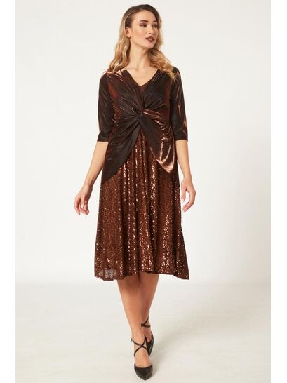BRONZE DRESS WITH SEQUIN SKIRT AND FRONT DECORATIVE KNOT  | DRESSES
