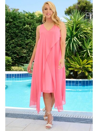 PINK MUSLIN DRESS WITH ASYMMETRIC LENGTH FINISHING AND OVERLAPPING LAYERS  | DRESSES