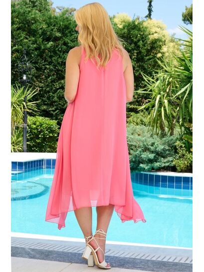 PINK MUSLIN DRESS WITH ASYMMETRIC LENGTH FINISHING AND OVERLAPPING LAYERS  | DRESSES