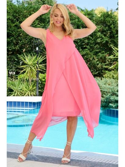 PINK MUSLIN DRESS WITH ASYMMETRIC LENGTH FINISHING AND OVERLAPPING LAYERS  | DRESSES