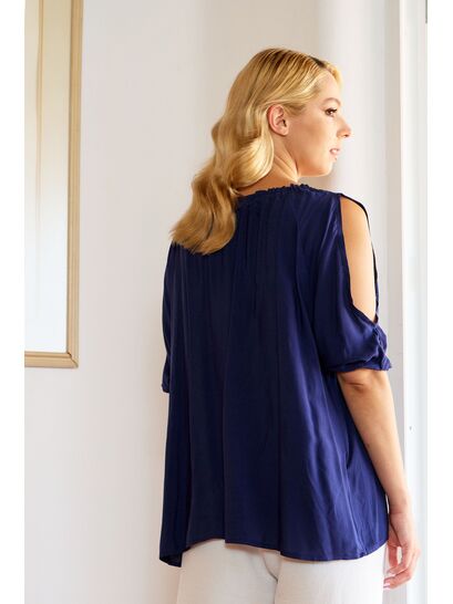 BLUE BLOUSE WITH SHOULDER OPENINGS AND LACE DETAILS  | BLOUSES