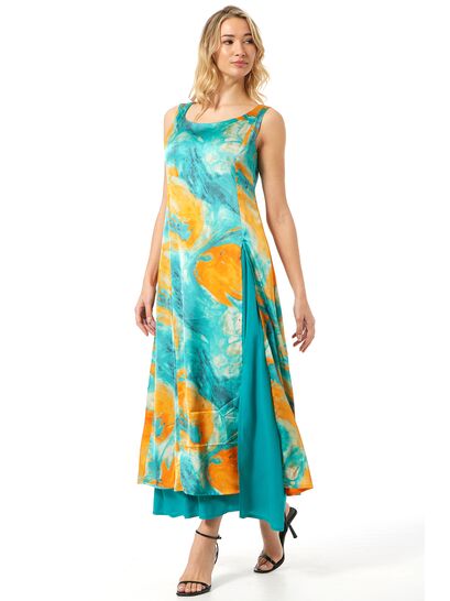 SATIN PATTERNED SLEEVELESS DRESS WITH SIDE SLIT  | DRESSES