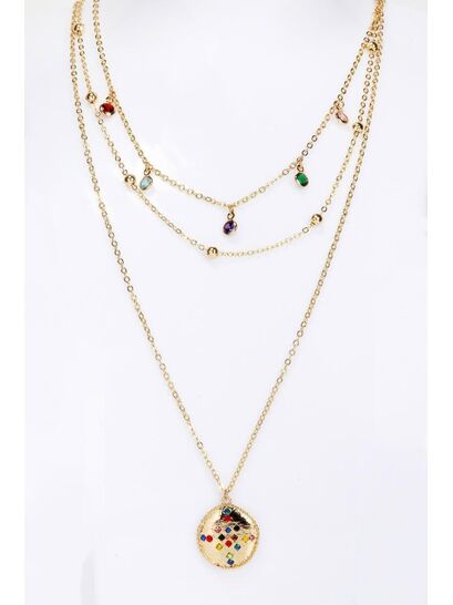 ΤΡΙΠΛΗ ΑΛΥΣΙΔΑ ΚΟΛΙΕ ΜΕ ΣΤΡΑΣ, ΧΡΥΣΕΣ ΜΙΚΡΕΣ ΜΠΙΛΙΕΣ ΚΑΙ ΚΡΕΜΑΣΤΟ ΚΥΚΛΟ ΜΕ ΧΡΩΜΑΤΙΣΤΑ ΣΤΡΑΣ  | ΚΟΛΙΕ