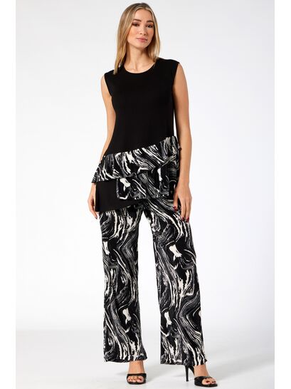 BLACK PATTERNED PLEATED PANTS WITH ELASTIC WAISTBAND  | TROUSERS/SKIRTS