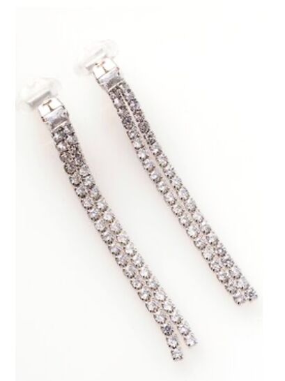 SILVER DANGLING EARRINGS WITH WHITE RHINESTONES, CLIP ONS  | EARRINGS